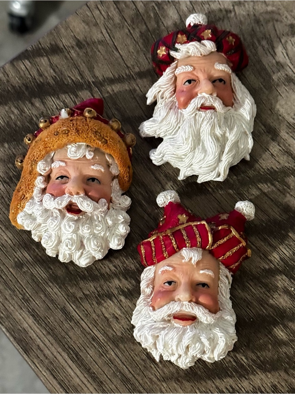 3 Vintage Santa Face Head Wearing Hats Magnets Resin Christmas Decor